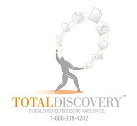 The original logo for TotalDiscovery. Person juggling various computer icons in a circle, with byline "Digital Evidence Processing Made Simple." Pioneering eDiscovery